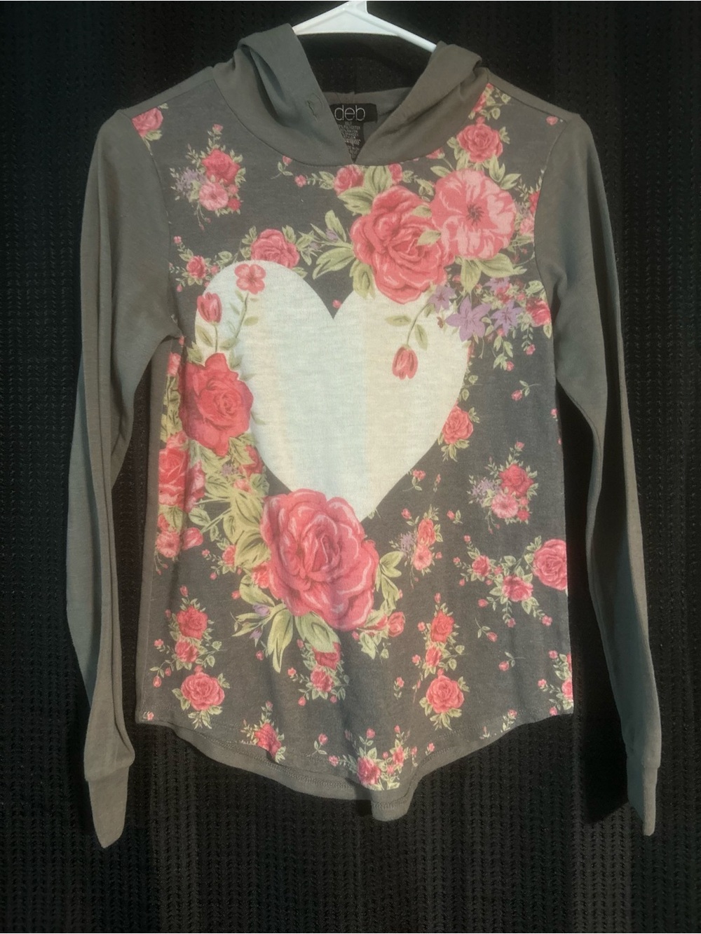 Vintage Y2K Deb Gray Lightweight Floral Hoodie with Pink Rose Heart
